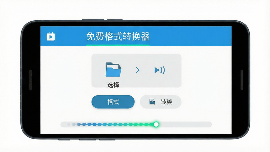 免费格式转换器软件主界面展示,主体为一部安卓手机屏幕,屏幕中央显示格式转换器应用界面,布局为顶部标题栏写有“免费格式转换器”字样,中间为文件选择区域和格式选择按钮,底部为转换进度条,排版简洁清晰,风格为扁平化现代UI设计,细节包括图标圆角、按钮高亮、进度条动画感,画质高清,画面干净,无多余元素