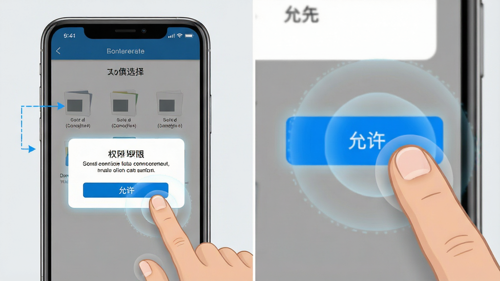 免费格式转换器移动端操作指引示意图,主体为手机屏幕与手指点击动作的结合画面,屏幕中显示转换器应用的文件选择界面和权限弹窗,布局为左侧手机界面、右侧手指点击“允许”按钮的特写,排版左右分栏,风格为教程示意图风格,细节包括弹窗高亮、手指带有半透明点击波纹、背景为浅灰色,画质高清,画面干净,无多余元素
