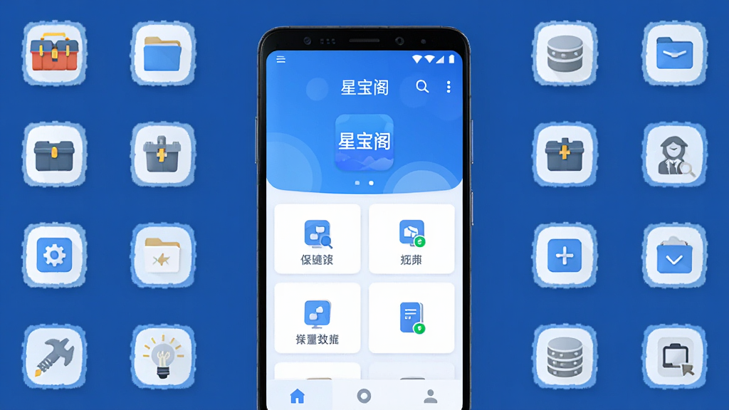 主体为一部安卓手机屏幕显示星宝阁应用主界面,布局为居中展示手机正面,四周环绕工具箱、文件、快捷操作等小型图标元素,排版简洁对称,风格为扁平化科技蓝配色,细节包括界面卡片式布局与清晰的功能入口图标,画质高清,画面干净,无多余元素