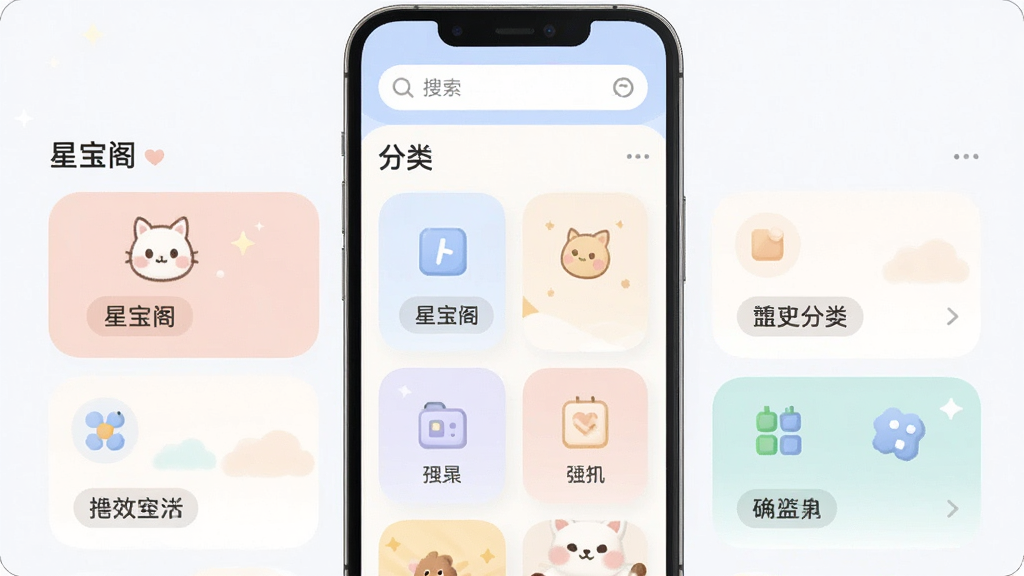 主体为星宝阁应用主界面截图风格示意,布局为顶部搜索栏与下方功能卡片纵向排列,排版清晰分明,风格为柔和圆角扁平设计,细节包含星宝阁名称与分类标签文字,画质高清,画面干净,无多余元素