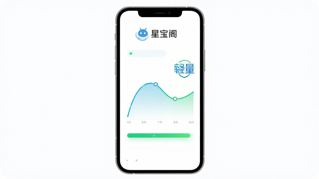 主体为星宝阁应用运行状态示意图,布局为手机屏幕中央显示流畅度曲线与轻量标识,排版居中简洁,风格为清爽科技风,细节包含星宝阁文字标识与绿色流畅指示条,画质高清,画面干净,无多余元素