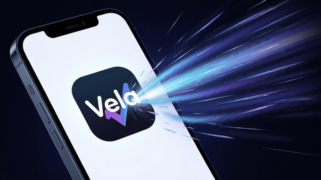 画面主体是一部手机与一个抽象的光速线条组合,手机屏幕显示“Vela”软件图标正在快速点亮,周围有速度感线条环绕;布局为手机位于画面左侧三分之二处,右侧为速度线条延伸;排版为对角线动势构图;风格为科技感插画风格;细节上线条带有蓝紫色渐变光效,手机屏幕高亮,背景深色衬托;画质清晰,画面干净,无多余元素