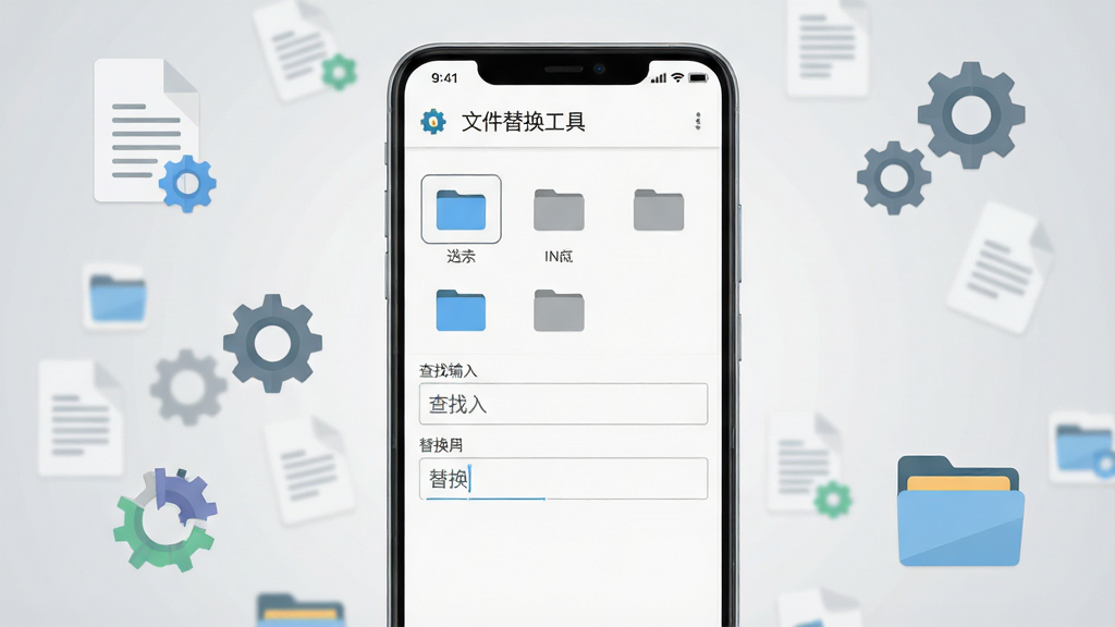 一张展示安卓手机界面的产品展示图,画面中央是一部现代智能手机,屏幕上显示“文件替换工具”的应用主界面,界面包含文件选择区、查找输入框和替换输入框,布局清晰简洁;背景为浅灰色渐变,周围环绕着文档图标、齿轮图标和文件夹图标,风格为扁平化科技感设计,细节精致,画质清晰干净,无多余元素