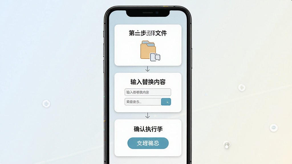 一张展示“文件替换工具”操作流程的示意图,画面为手机屏幕分步骤展示:第一步选择文件、第二步输入替换内容、第三步确认执行,三个步骤以卡片形式纵向排列,背景为浅色渐变,风格为教程信息图设计,细节清晰,画质干净,无多余元素