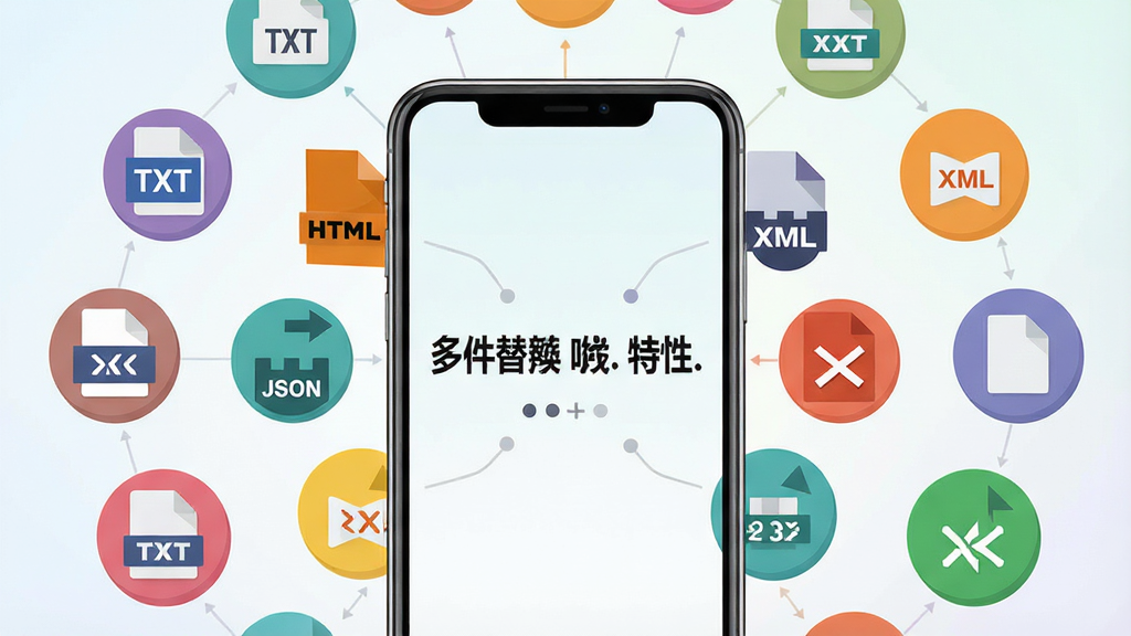 一张展示“文件替换工具”多格式兼容特性的概念图,画面中央为手机屏幕显示多种文件格式图标环绕排列,包括TXT、HTML、JSON、XML等标识,图标以圆形排列在手机周围,背景为浅色渐变,风格为扁平化信息图设计,细节清晰,画质干净,无多余元素