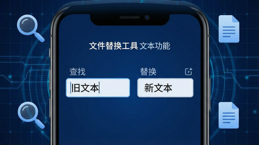 一张展示“文件替换工具”文本替换功能的界面示意图,画面主体为手机屏幕特写,屏幕上显示查找框内输入“旧文本”与替换框内输入“新文本”的对比布局,背景为深蓝色科技网格,点缀放大镜图标与文档图标,风格为现代UI设计展示,细节清晰,画质干净,无多余元素