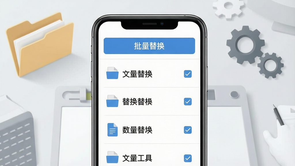 一张展示“文件替换工具”批量处理功能的示意图,画面为手机屏幕显示文件列表界面,多个文件条目以勾选状态排列,顶部显示“批量替换”按钮,背景为浅灰色工作台场景,点缀文件夹与齿轮元素,风格为简约商务设计,细节清晰,画质干净,无多余元素