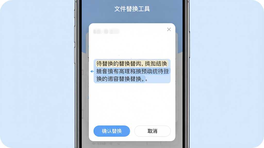 一张展示“文件替换工具”替换预览功能的界面图,画面为手机屏幕显示预览窗口,窗口中高亮标注待替换的文字段落,底部有“确认替换”与“取消”按钮,背景为柔和的浅蓝色调,风格为清爽UI展示,细节清晰,画质干净,无多余元素