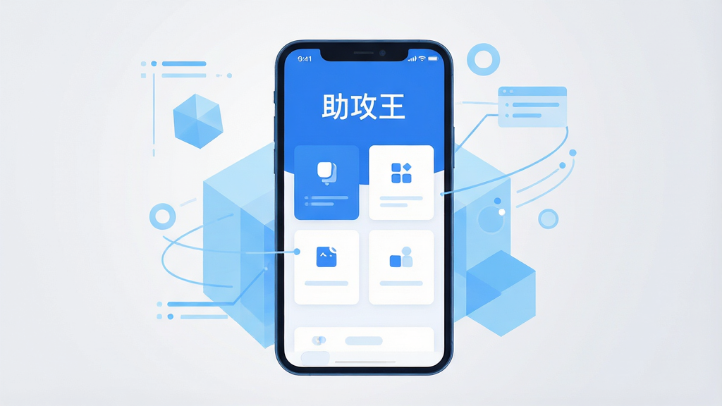 画面主体为一部智能手机居中摆放,屏幕中显示简洁的辅助工具应用界面,界面顶部有