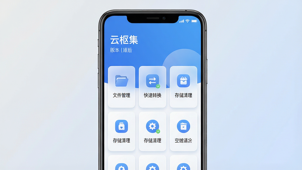 画面主体为一款名为“云枢集”的安卓手机应用界面展示,布局上手机居中放置,屏幕内呈现整洁的工具卡片网格排列,包含文件管理、快捷转换、存储清理等图标模块,排版采用上下分层结构,上方为应用名称“云枢集”与版本标识,下方为功能入口区域,风格为现代扁平化科技蓝白配色,细节上加入轻微的毛玻璃质感与柔和阴影,画质清晰干净,无多余元素,背景为纯色渐变浅灰到淡蓝