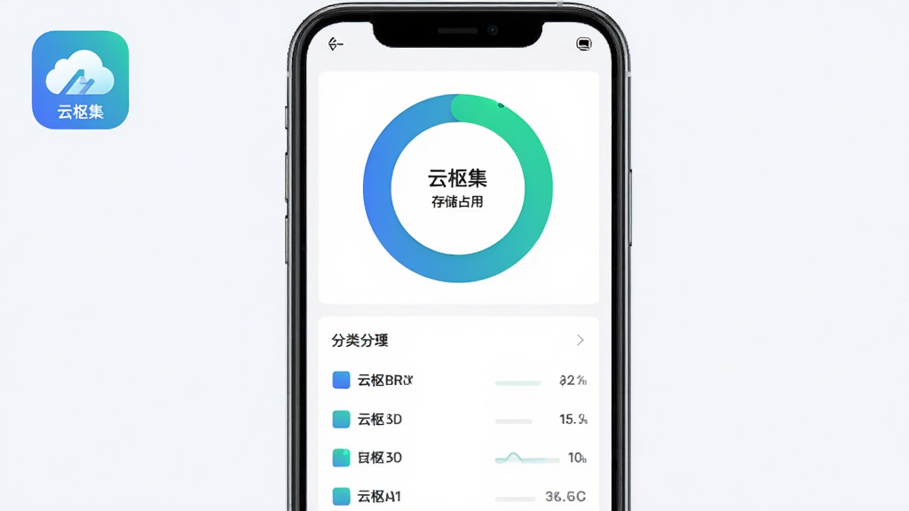 画面主体为“云枢集”存储管理功能的界面示意,布局为手机屏幕展示环形存储占用图表与分类列表,排版上图表居上、列表居下,风格为简约数据可视化风格,细节包含“云枢集”应用图标出现在屏幕角落,图表配色为蓝绿渐变,文字清晰,画质干净锐利,背景为浅色纯色