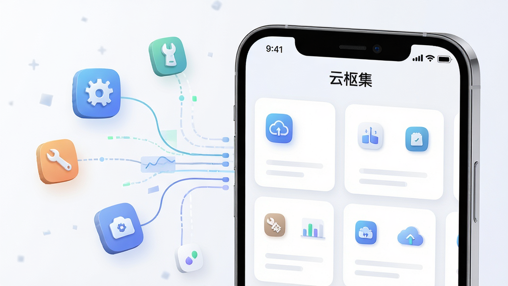 画面主体为“云枢集”应用的功能面板特写,布局为手机屏幕占据画面中心偏右,左侧悬浮展示几个抽象的工具图标与数据流线条,排版上突出面板卡片整齐排列的视觉节奏,风格为清爽科技感插画,细节包含“云枢集”文字标识出现在手机顶部状态栏下方,图标带有轻微立体层次,画质高清,背景干净无杂乱元素