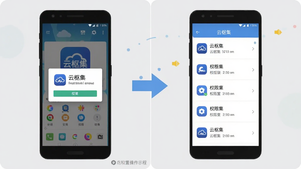 画面主体为“云枢集”安卓应用安装与权限设置的操作示意图,布局为左右分屏,左侧展示手机安装界面,右侧展示权限管理列表,排版上以箭头引导视线从安装到授权流程,风格为扁平化教程插画,细节包含“云枢集”应用名称出现在安装弹窗中,界面元素简洁明了,画质清晰干净,背景为浅灰纯色