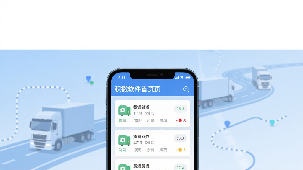 主体是一台智能手机正面展示积微软件首页界面,布局为手机居中放置,背景为浅蓝色渐变与公路货运元素融合,排版采用上下结构上方留白下方放手机,风格为现代扁平化商务科技风,细节包括手机屏幕内显示货源列表卡片与导航按钮、背景有淡化的货车轮廓和路线线条,画质高清干净无多余元素