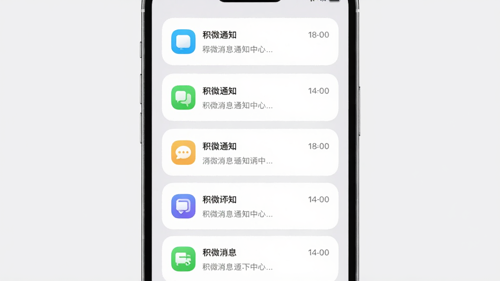 主体是手机屏幕显示积微消息通知中心界面,布局为手机竖直居中,排版为居中对称构图,风格为柔和圆角卡片式UI风格,细节包括屏幕内多条消息卡片带有图标与时间标签、背景为浅灰色纯色,画质高清干净无多余元素