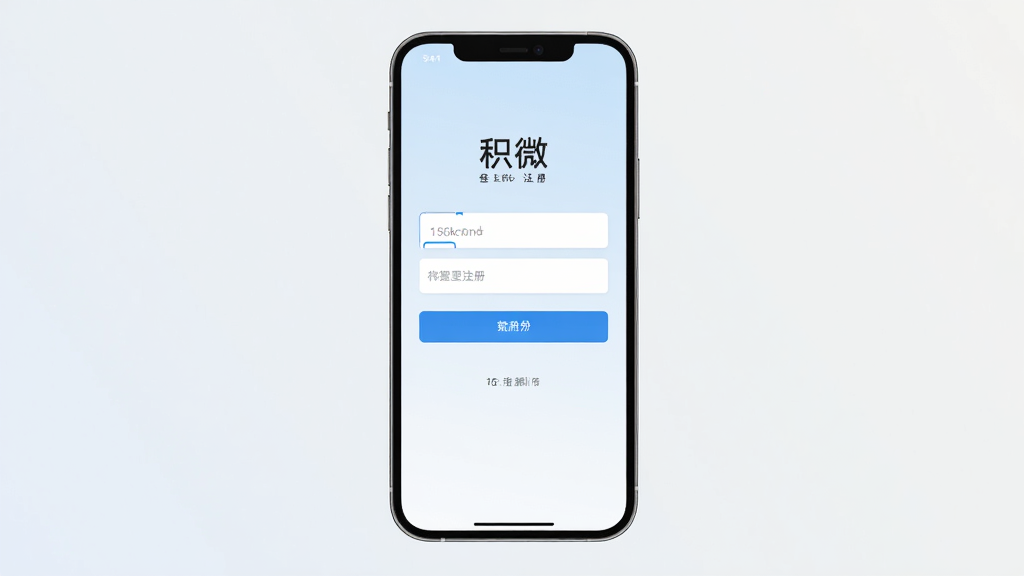 主体是手机屏幕展示积微登录注册页面,布局为手机正面居中,排版为上下结构,风格为简洁明快的移动应用界面风,细节包括屏幕内输入框与按钮清晰可见、背景为浅色渐变,画质高清干净无多余元素