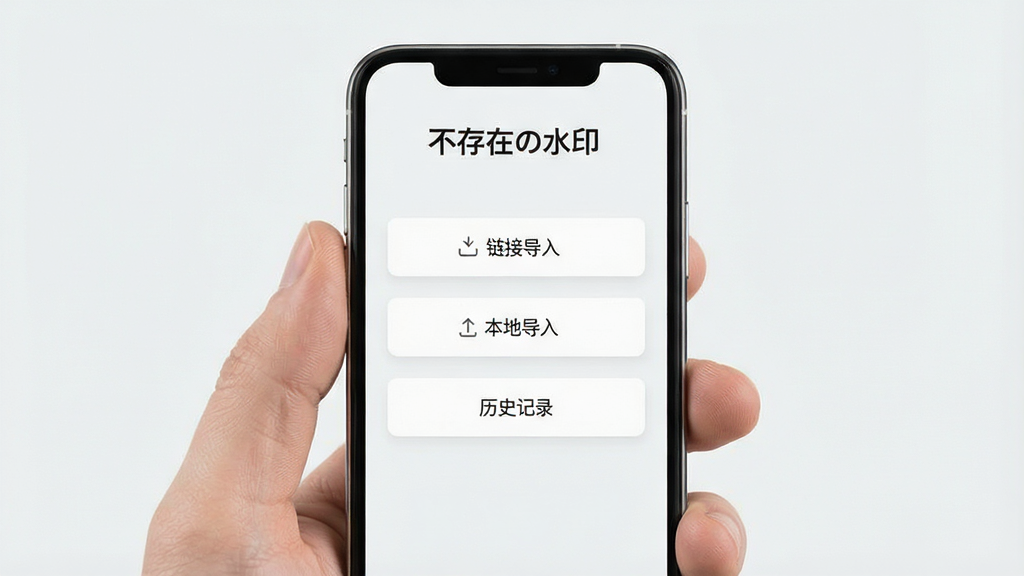 一张展示手机屏幕的写实风格图片,画面中央是「不存在の水印」软件的主界面,顶部有软件名称“不存在の水印”字样,界面内排列着链接解析、本地导入、历史记录等功能按钮,背景为浅色极简布局,整体风格干净清爽,画质高清,无多余装饰元素