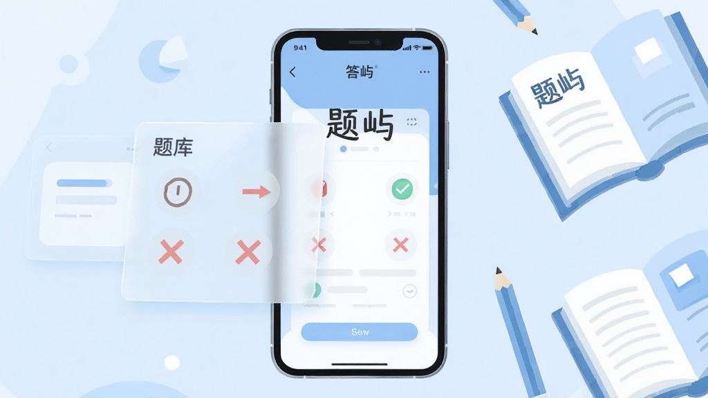 画面中心一部竖屏智能手机,屏幕内展示“题屿”答题界面,左侧悬浮半透明题库卡片与对错标记,右侧散落书本与铅笔元素,浅蓝与白色主色调,扁平插画风格,布局简洁居中,细节干净清爽,高清画质,无多余装饰