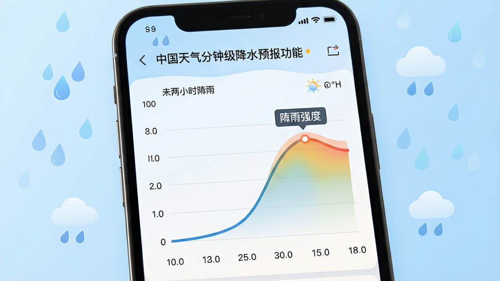 一张表现中国天气分钟级降水预报功能的场景图,画面为手机屏幕特写,屏幕上显示一条时间轴与降雨强度曲线,标注未来两小时降雨趋势,背景为淡蓝色渐变,四周漂浮着雨滴与云朵的简约图标,风格扁平化科技感,布局清晰,细节精致,画质高清,干净无多余元素