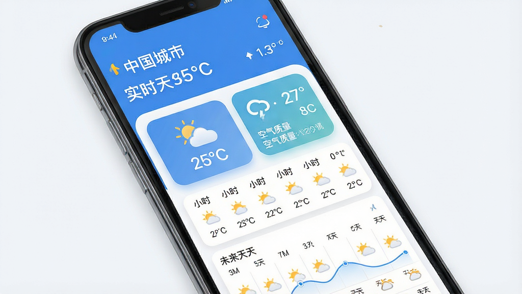 一张展示中国天气应用主界面的手机屏幕效果图,画面中央是一部竖屏智能手机,屏幕上显示中国天气应用首页,顶部为城市名称与实时温度,中部为天气图标与空气质量卡片,下方为逐小时预报横向列表与未来七天天气趋势图,整体配色以蓝色和白色为主,风格清爽简洁现代,细节包括圆角卡片、细腻阴影与清晰文字排版,画质高清,干净无多余元素
