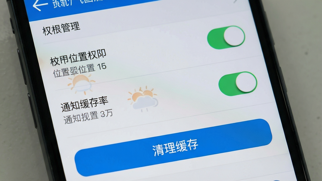一张展示中国天气应用设置界面的手机截图风格图片,画面为手机屏幕特写,屏幕上显示权限管理列表与缓存清理选项,包含位置权限、通知权限开关与清理缓存按钮,背景为浅灰色,风格简洁实用,布局清晰,细节包括开关控件与列表分隔线,画质高清,干净无多余元素