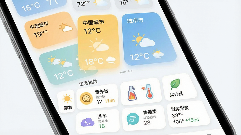 一张展示中国天气多城市管理与生活指数功能的界面图,画面为手机应用截图风格,屏幕上排列多个城市天气卡片,每张卡片显示城市名、温度与天气图标,下方为生活指数网格布局,包含穿衣、紫外线、洗车等图标,整体风格清新浅色,排版整齐,细节包括柔和圆角与浅灰分隔线,画质高清,干净无多余元素