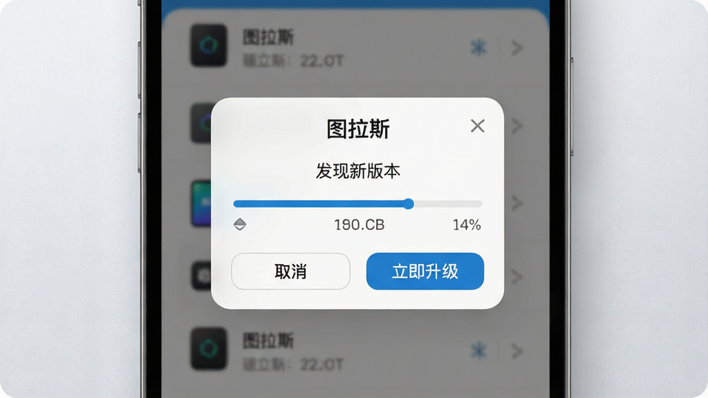 主体为手机屏幕显示图拉斯软件固件升级弹窗,布局为居中弹窗加背景虚化设备列表,排版突出进度条与版本号,风格为简洁UI界面展示,细节包括“发现新版本”字样、进度百分比、取消与立即升级按钮,画质清晰干净,背景为浅色磨砂质感,弹窗上方有文字“图拉斯”