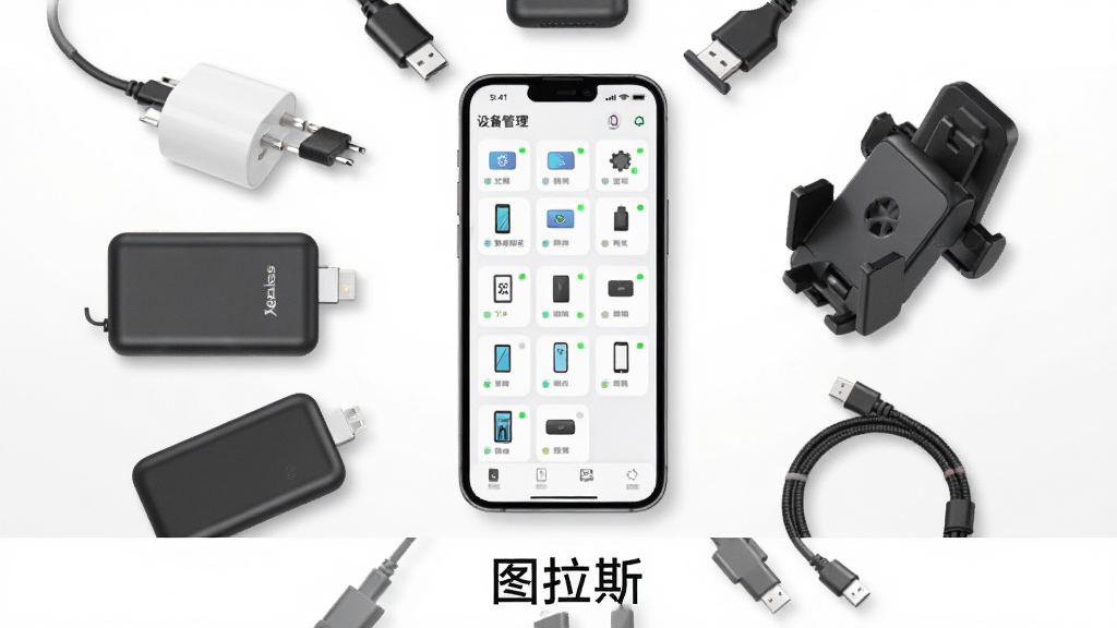 主体为多款图拉斯配件围绕一部手机排列,布局为环形构图,手机屏幕显示设备管理列表,排版体现多设备聚合,风格为清爽产品图,细节包括充电器、充电宝、车载支架、数据线,屏幕上有多个设备图标与在线状态绿点,画质干净明亮,背景为白色渐变,图片下方有文字“图拉斯”