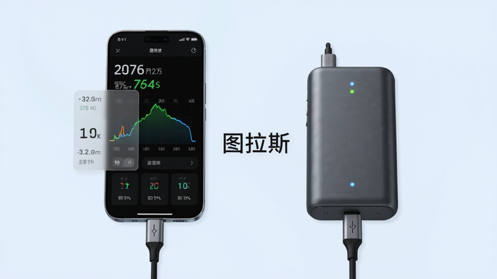 主体为一部手机与充电宝并排摆放,布局为左右对称构图,手机屏幕显示图拉斯软件功率曲线界面,充电宝表面有指示灯亮起,排版突出设备联动关系,风格为写实产品摄影感,细节包括Type-C线缆连接、屏幕上的功率数字、半透明数据卡片,画质高清干净,背景为纯色浅蓝,画面中央有文字“图拉斯”