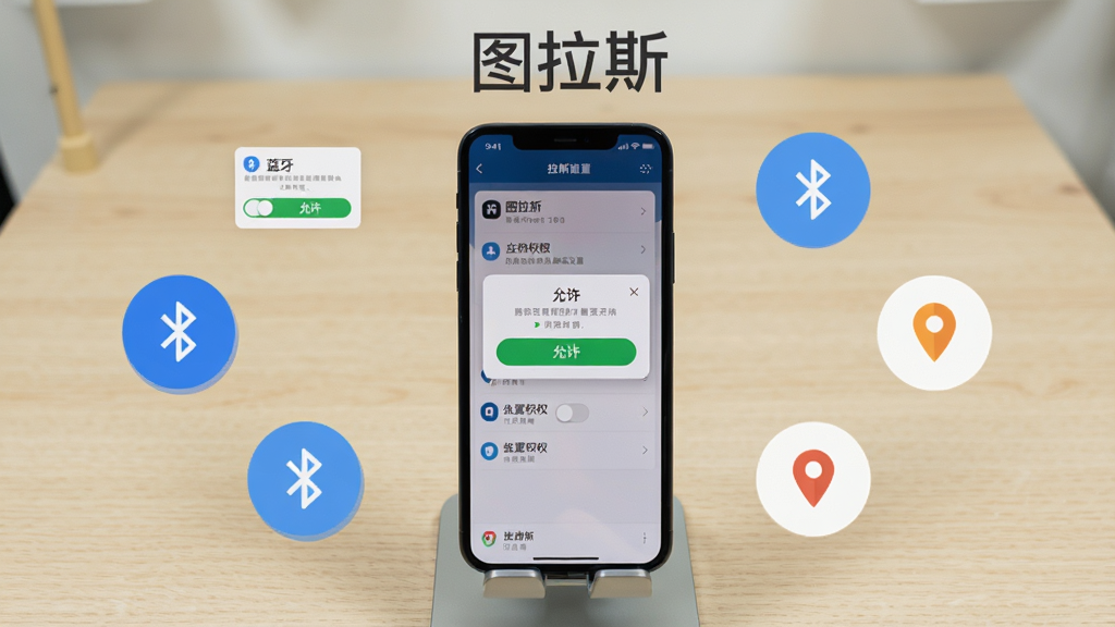 主体为一部手机放置在桌面支架上,屏幕显示图拉斯应用权限设置页面,布局为手机居中加周围悬浮权限图标,排版突出蓝牙与位置权限开关,风格为扁平化信息图,细节包括权限弹窗、允许按钮、蓝牙图标、定位图标,画质清晰干净,背景为浅色木纹桌面,图片上方有文字“图拉斯”