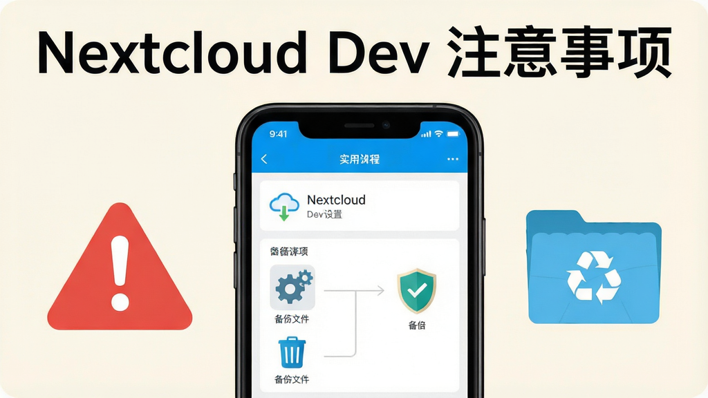 画面主体是一部手机展示Nextcloud Dev设置界面,旁边有警告图标与备份文件夹,布局为手机居中、图标左右分布,排版清晰,风格为实用教程插画,细节包含齿轮、盾牌、回收站图标,画质干净明亮,背景为浅色,图片中文字为“Nextcloud Dev 注意事项”