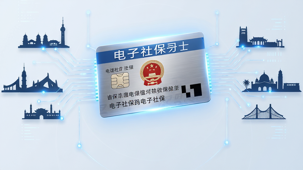 主体为一张发光的电子社保卡悬浮于画面中央,卡面带有国徽风格纹样与芯片标识,四周环绕多个城市地标剪影与数据连线;布局为中心对称构图,卡片居中偏上,连线向四周延展;排版层次分明;风格为科技政务宣传风;细节包含卡片金属质感、蓝色光效、细线连接节点;画质高清,画面干净,无多余元素