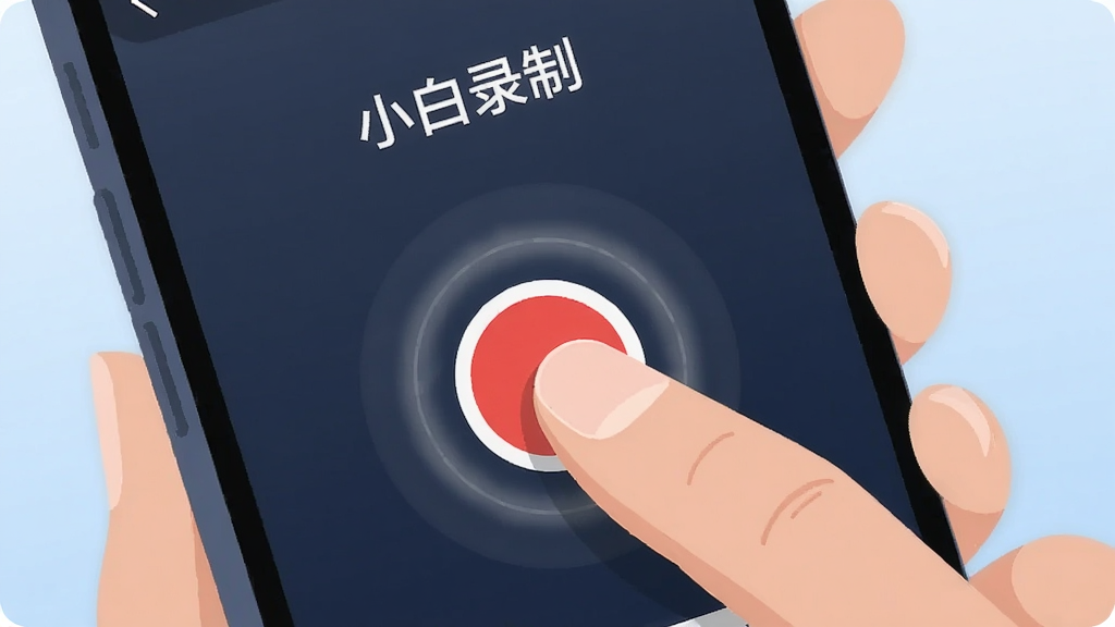 画面主体是一只手拿着手机,拇指正要点击屏幕中央的红色录制按钮,手机屏幕显示“小白录制”的启动界面,按钮周围有淡淡的动效光圈,背景为柔和的浅蓝色渐变,采用现代扁平插画风格,布局以手机为视觉中心,细节上强调手指与按钮的接触瞬间,画质清晰干净,无杂乱背景元素