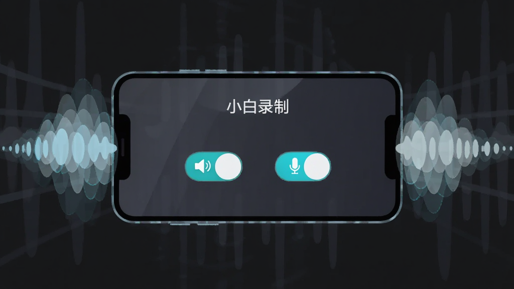 画面主体是一部手机横放,屏幕显示“小白录制”的声音设置面板,面板上有两个开关图标分别标注扬声器与麦克风,手机两侧有抽象的声音波形图形向外扩散,背景为深灰色,采用科技感扁平插画风格,布局上手机居中、波形向左右延展,细节上突出开关的亮色状态与波形线条的层次,画质干净利落,无多余元素