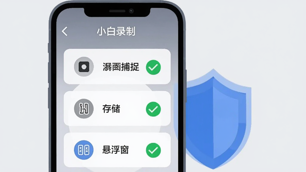 画面主体是一部手机屏幕显示“小白录制”的权限设置引导页面,页面上有屏幕捕捉、存储、悬浮窗三个权限图标依次排列,每个图标旁有绿色对勾标记,手机旁边有一个抽象的盾牌图形表示安全,背景为浅灰色,采用扁平化信息图风格,布局上手机居中、图标纵向排列,细节上突出对勾的清晰度与图标的辨识度,画质干净整洁,无多余元素