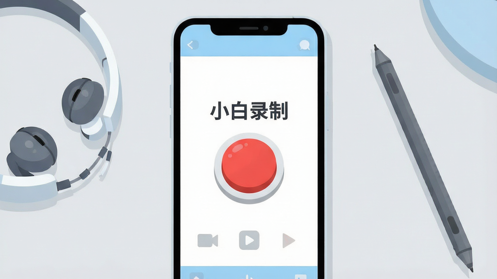 画面主体是一部智能手机正面竖放,屏幕中显示简洁的录屏软件界面,界面中央有一个醒目的红色圆形录制按钮,按钮上方写着“小白录制”四个字,手机旁边摆放着一副耳机和一支触控笔,背景为浅灰色桌面,整体采用扁平化插画风格,布局居中对称,色彩以白色、浅蓝和红色为主,细节上突出按钮的立体感与界面图标的清晰度,画质干净锐利,无多余装饰元素