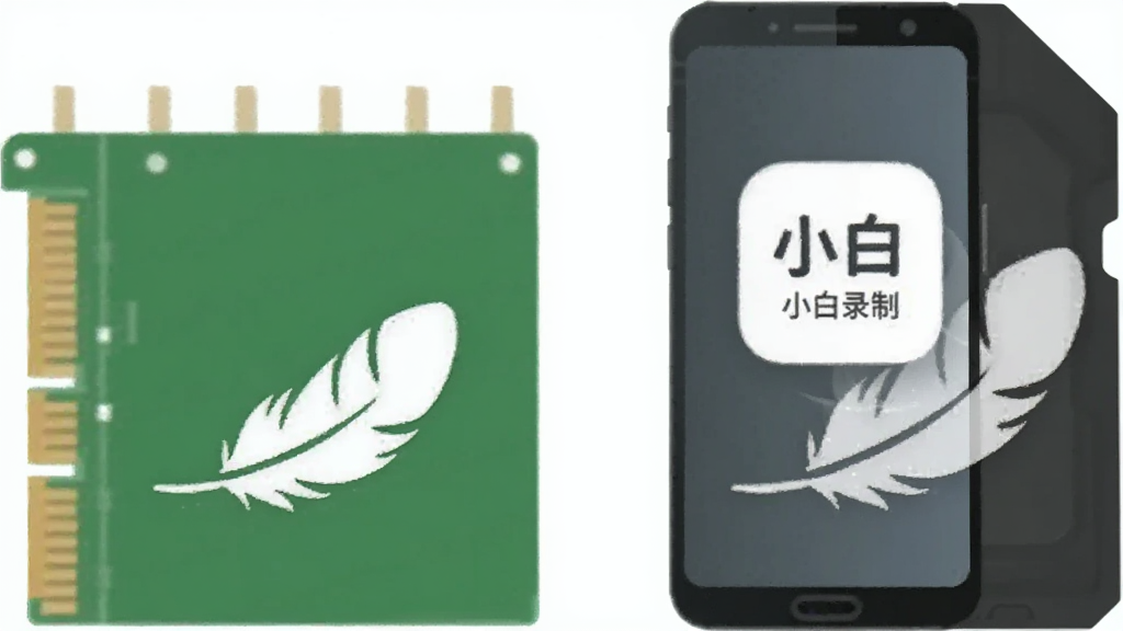 画面主体是一部手机与一个抽象的内存条、存储卡图形并排摆放,手机屏幕显示“小白录制”的图标,图标下方有表示轻量的羽毛图形,背景为白色,采用极简扁平插画风格,布局上手机与图形左右对称,细节上突出羽毛的轻盈感与图标的简洁造型,画质干净清爽,无多余元素