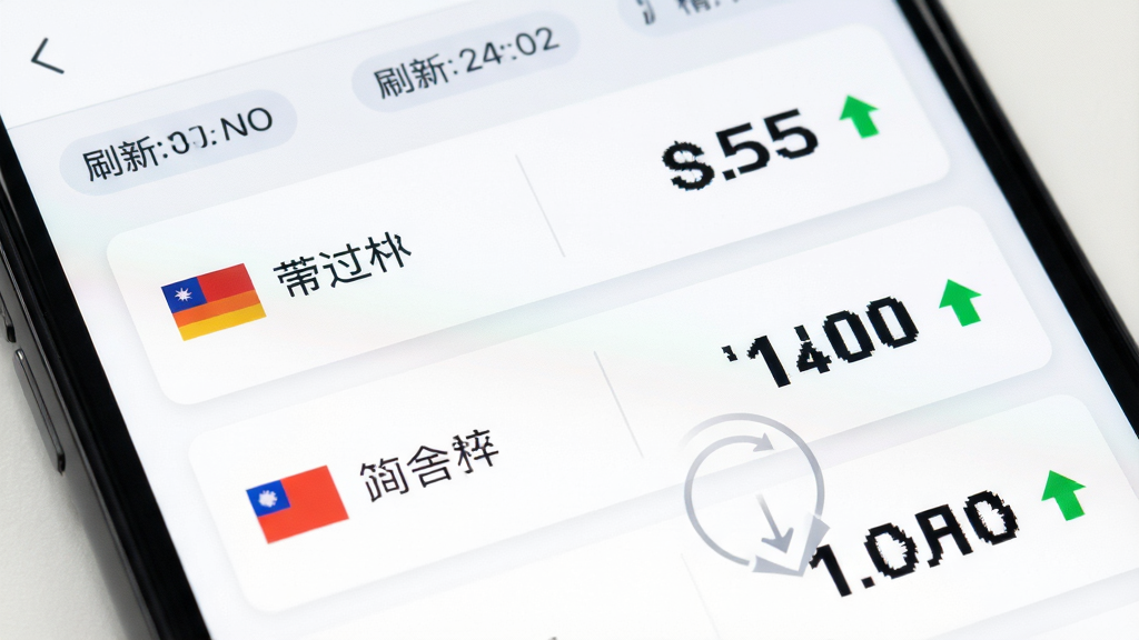 汇率通应用内实时行情页面特写,手机屏幕显示多行货币对卡片,每行左侧为币种名称与旗帜图标,右侧为汇率数字与红绿涨跌箭头,顶部有刷新时间标签,背景为纯白卡片式布局配浅灰分隔线,风格简约商务,细节包含数字加粗显示、下拉刷新动画示意,画质高清,画面干净无杂乱元素