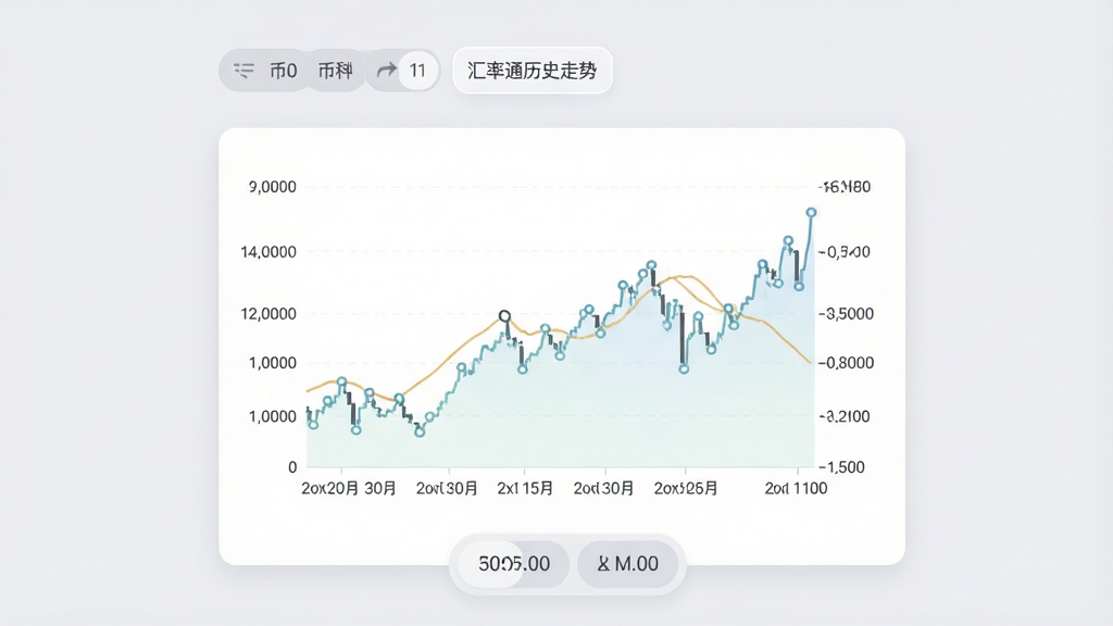 汇率通历史走势功能界面,手机屏幕中央展示一条折线图,横轴为日期、纵轴为汇率数值,折线下方有浅色填充区域,图表上方有币种切换标签,背景为淡灰色配白色图表卡片,风格清新浅色,细节包含数据点圆点标记、时间跨度按钮组,画质清晰,画面干净整洁
