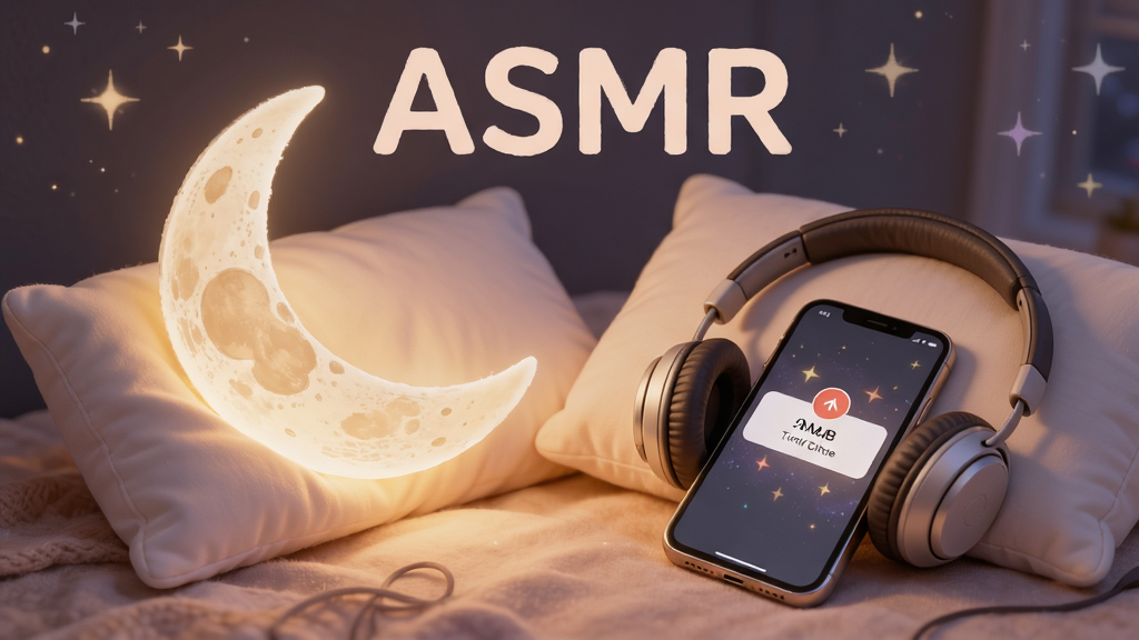 软件名称“ASMR”以柔和字体显示在画面顶部中央,主体为一轮弯月与枕头、耳机静物组合,手机放置在枕边屏幕微亮显示定时关闭弹窗,布局为居中对称构图,风格温暖治愈系插画,细节包括星光点缀、柔和暖光、细腻布料纹理,画质高清,画面干净,无多余元素