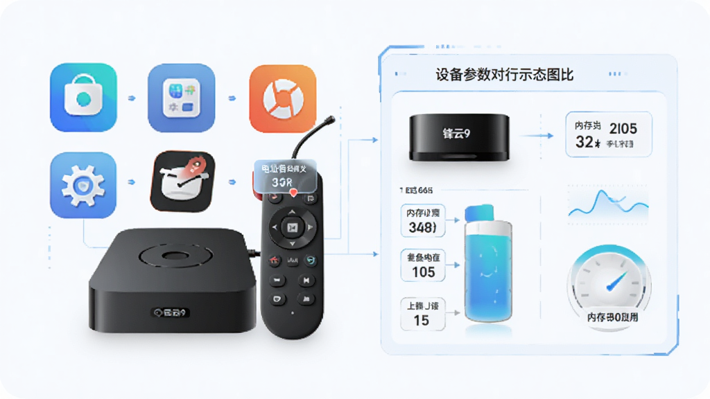 主体为锋云酷9在电视盒子上的运行状态示意图,布局为左侧软件图标右侧设备参数对比框,排版为信息图风格,风格为科技感简约插画,细节包含遥控器按键示意、内存占用数值标签,画质清晰、干净、无多余元素