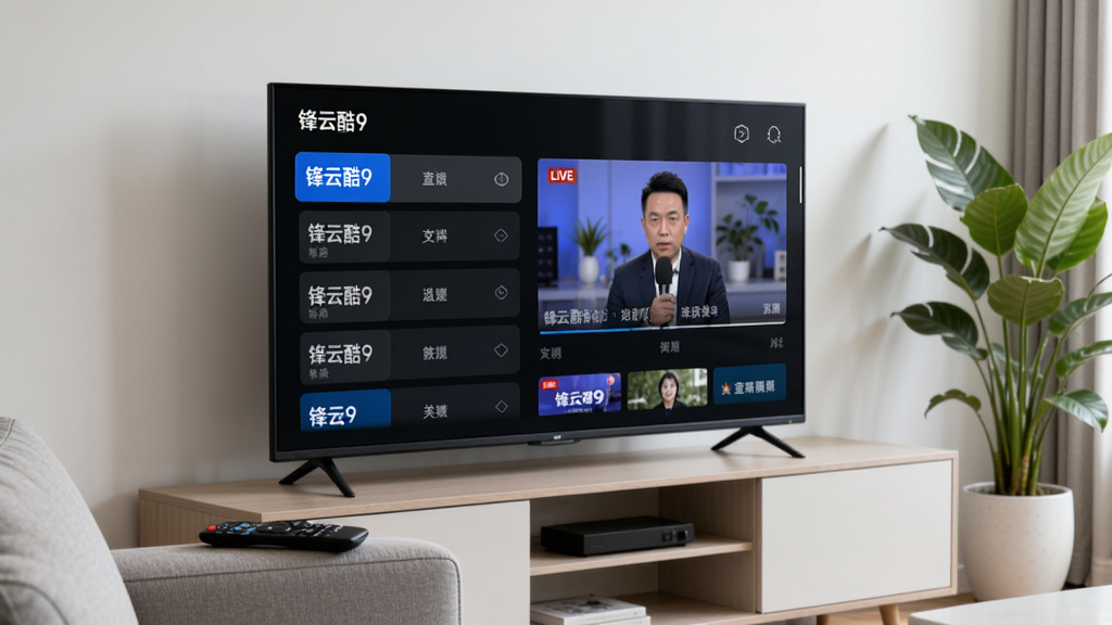 主体为一台放置在客厅电视柜上的智能电视,屏幕中显示锋云酷9的频道分类界面,画面布局为左侧频道列表右侧直播画面预览,排版简洁清晰,风格为现代家居实拍感,细节包含遥控器放在沙发扶手旁、电视旁有绿植点缀,画质高清、干净、无多余元素