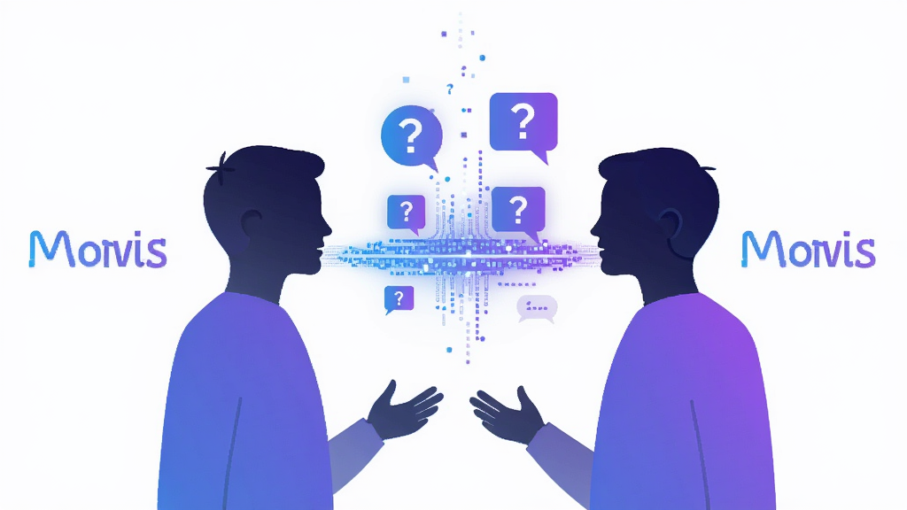 画面主体为两个人物剪影面对面交谈,中间以发光的数据流连接,数据流中漂浮问号与答案气泡,画面一侧标注“Marvis”文字,布局左右对称,风格为简约科技插画,配色以蓝紫为主,细节清晰,画质高清,背景干净无杂乱