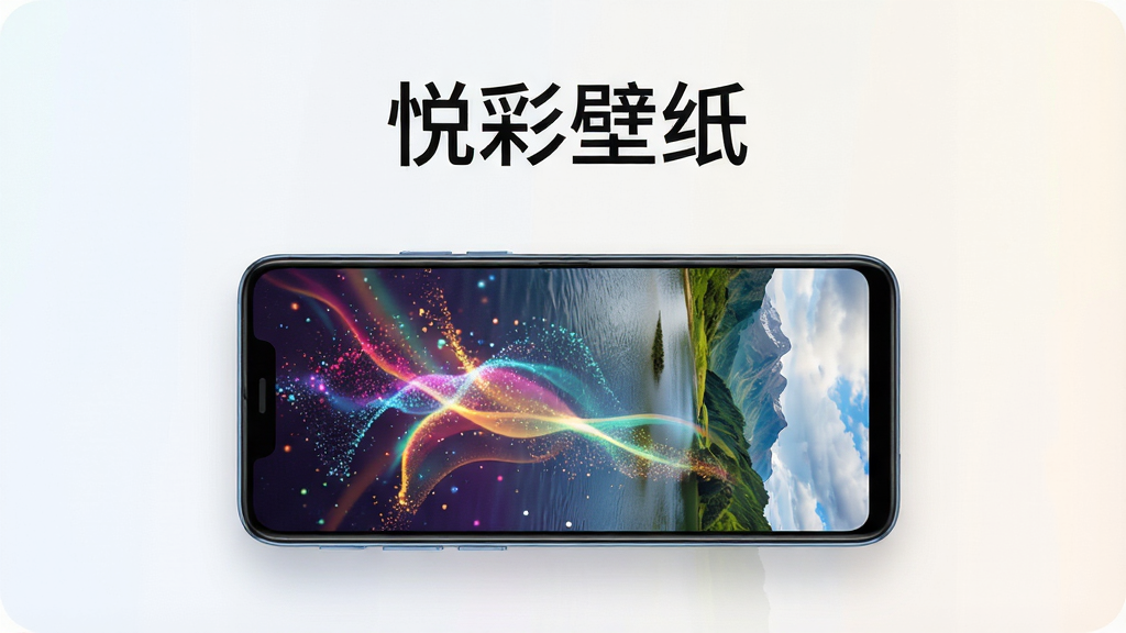 主体为一部居中摆放的安卓智能手机,屏幕点亮后显示色彩丰富的动态壁纸画面,背景为干净浅色渐变桌面,布局简洁突出手机主体,排版上方留白放置“悦彩壁纸”四个字,风格为清爽科技感产品展示图,细节包括屏幕内流动的光影粒子与自然风景融合效果,画质高清,画面干净,无多余元素