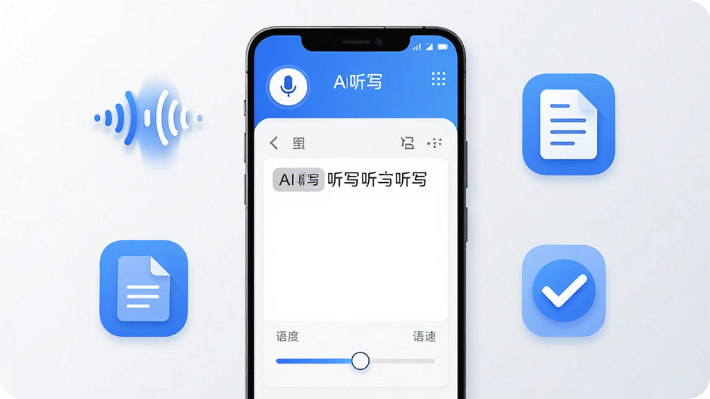 画面中央是一部竖屏安卓手机,手机屏幕上显示AI听写软件主界面,界面包含麦克风按钮、听写文本区域和语速调节滑块;手机两侧漂浮着声波图标、文档图标和批改对勾图标;整体采用扁平化科技风格,蓝白配色,背景干净浅灰渐变;细节清晰,图标圆润,文字标注“AI听写”;画质高清,干净整洁,无多余元素
