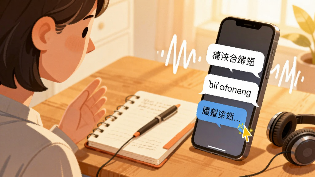 一个人坐在书桌前对着手机说话,手机屏幕实时浮现文字气泡,气泡中显示中文与英文句子,书桌上放着笔记本和耳机;画面采用温暖明亮的插画风格,主体突出手机与文字气泡,布局左侧人物右侧手机;细节包括声波线条和光标闪烁效果;画质清晰,干净无杂乱