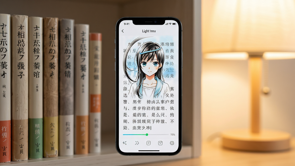 画面中央放置一部智能手机,屏幕上显示轻小说阅读界面,背景是整洁的书架与柔和灯光,布局为左中右三分构图,风格清新简约,细节包括书脊纹理与阅读进度条,画质高清干净无多余元素