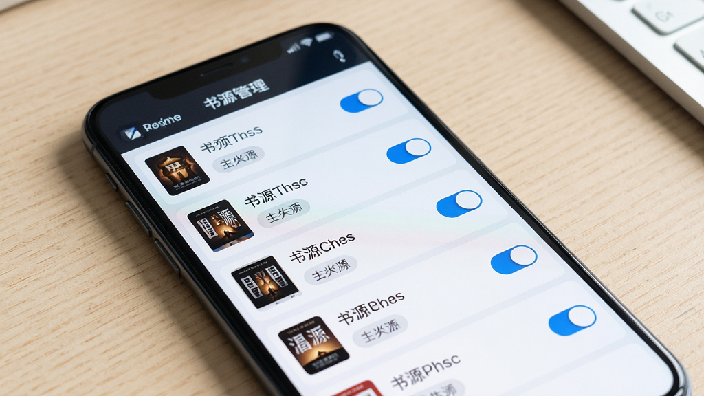 手机屏幕展示书源管理列表,多个书源条目整齐排列,旁边有开关按钮与分类标签,背景为浅色桌面,风格简洁科技感,细节清晰,画质干净