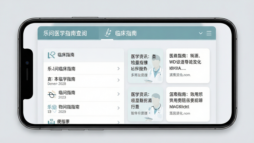 乐问医学指南查阅页面,手机屏幕显示临床指南列表与医学资讯卡片,排版整齐,配色柔和,背景为浅灰色,画面居中,风格专业简洁,细节清晰,画质高清,干净无多余元素