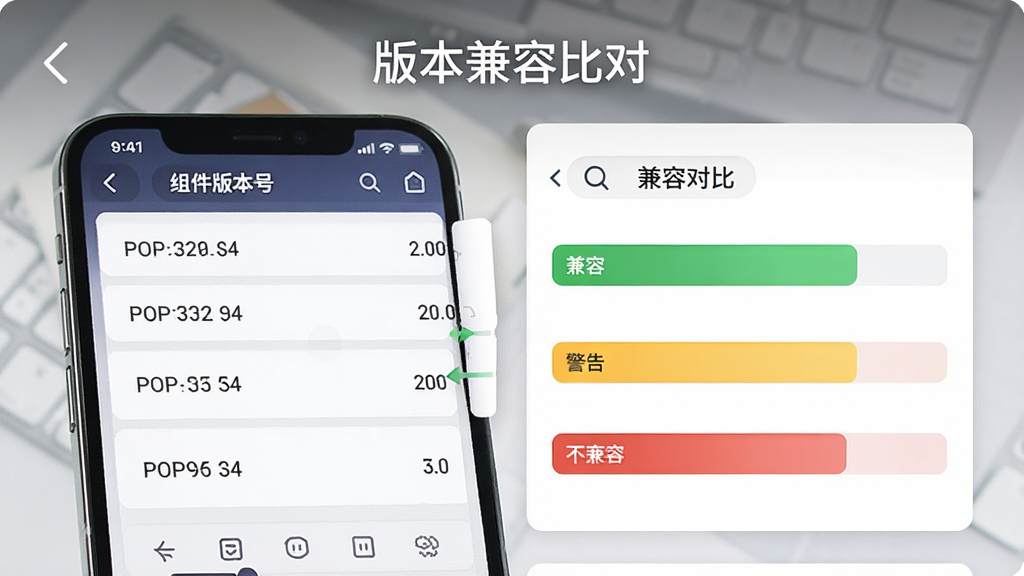 手机屏幕左侧显示组件版本号列表,右侧显示兼容性对比条,绿色区间表示兼容、黄色表示警告、红色表示不兼容,界面采用卡片式布局,风格专业严谨,细节包括版本数字清晰可读与对比条渐变效果,画质高清干净,画面中带文字“版本兼容比对”